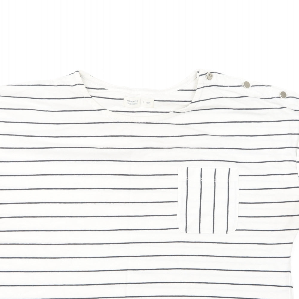 Springfield Womens White Striped Cotton Basic T-Shirt Size L Round Neck