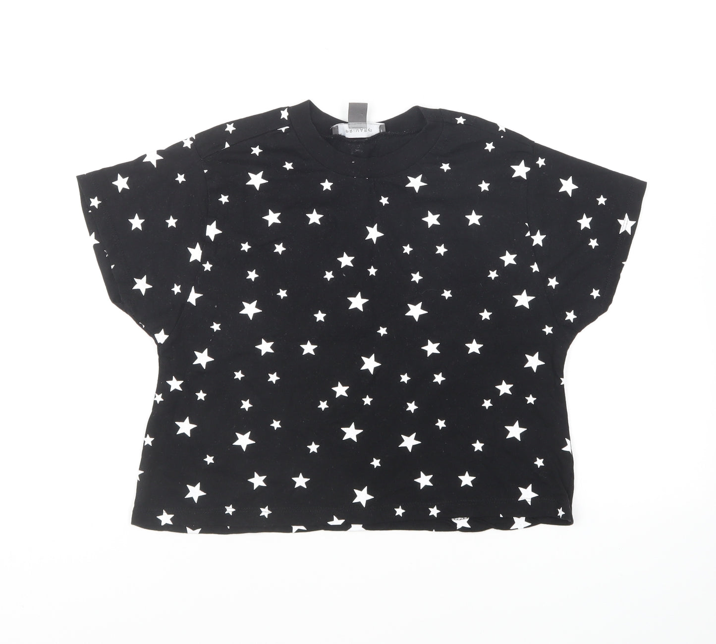 Primark Girls Black Geometric Cotton Cropped T-Shirt Size 2XS Round Neck Pullover - Star Print