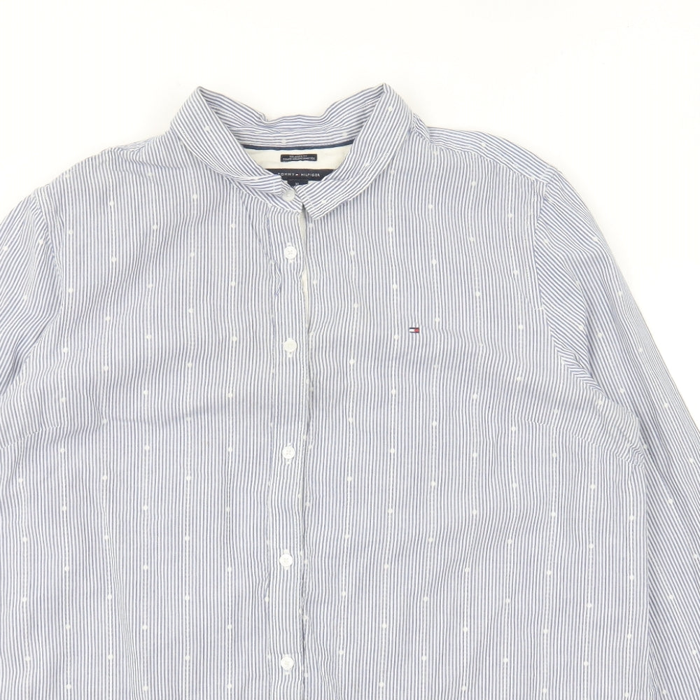 Tommy Hilfiger Mens Blue Striped Cotton Button-Up Size XL Collared Button