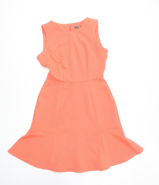 Front view of BHS women’s orange polyester fit & flare, size UK 10, round neck zip