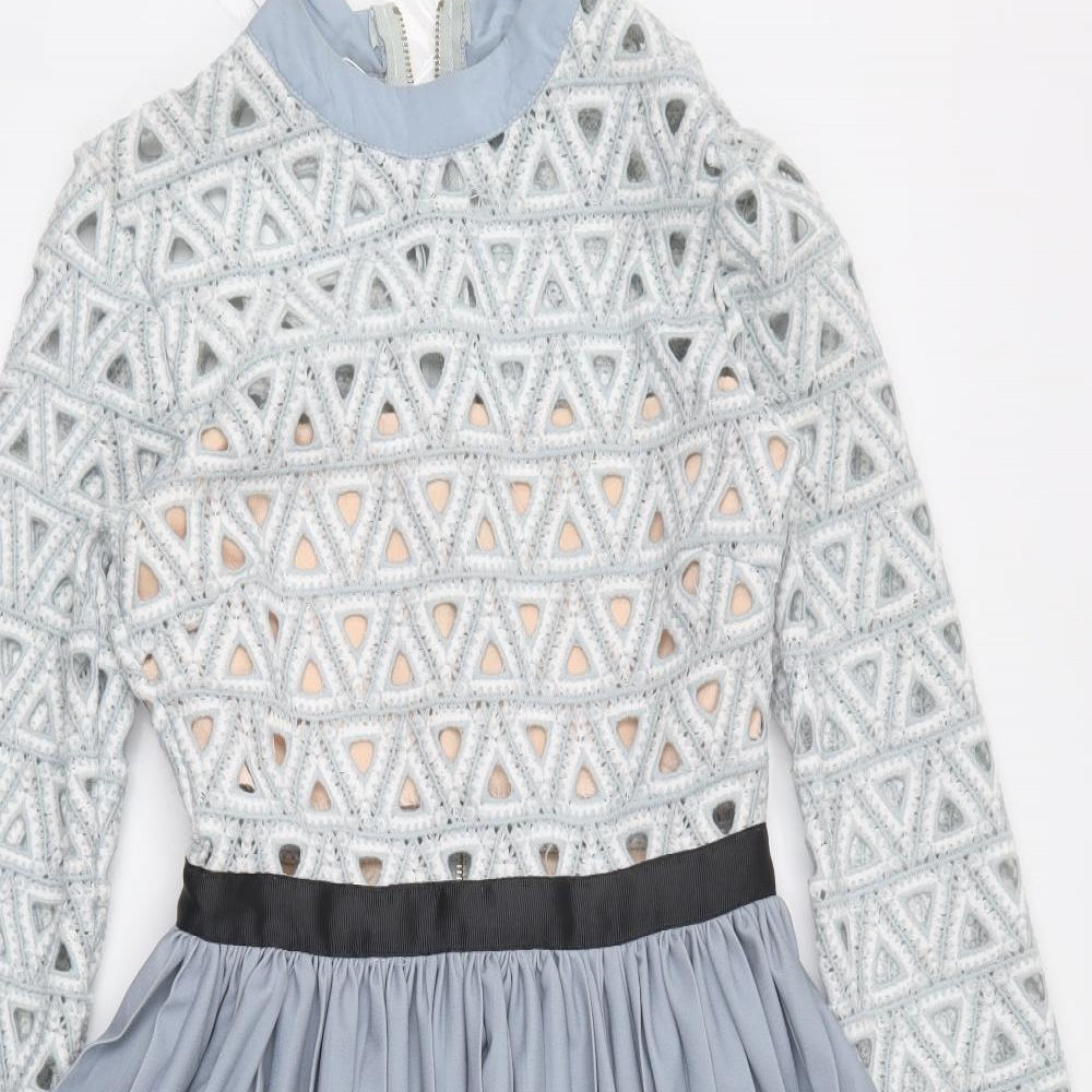 Self-Portrait Womens Blue Chevron Polyester Fit & Flare Size S High Neck Zip
