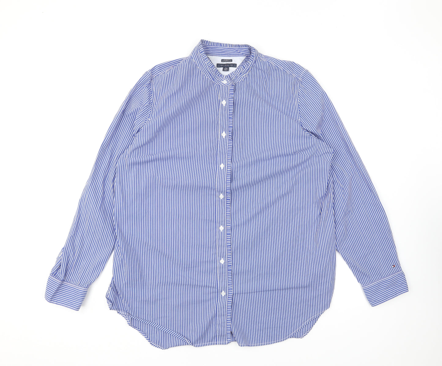 Tommy Hilfiger Mens Blue Striped Cotton Button-Up Size XL Mock Neck Button