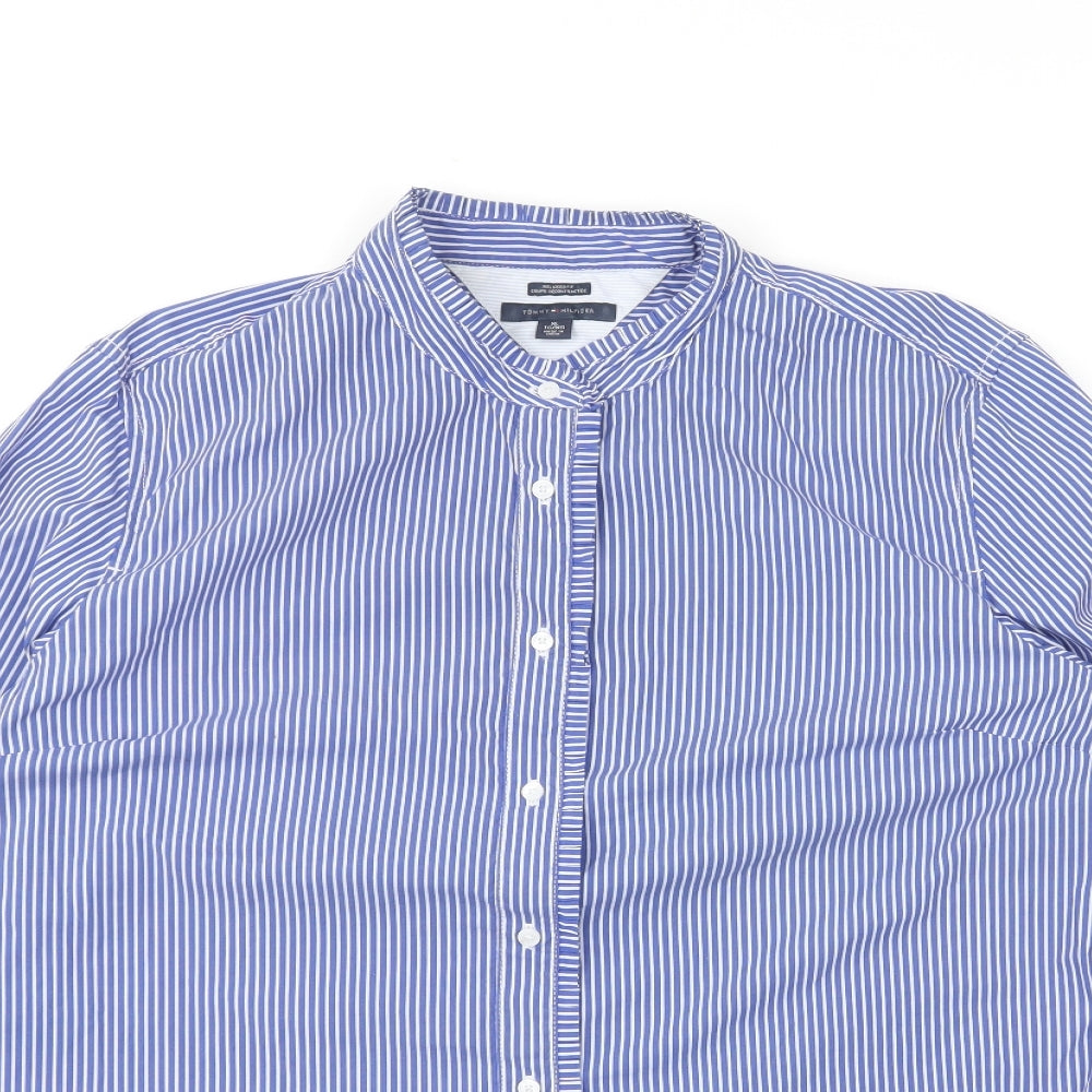 Tommy Hilfiger Mens Blue Striped Cotton Button-Up Size XL Mock Neck Button