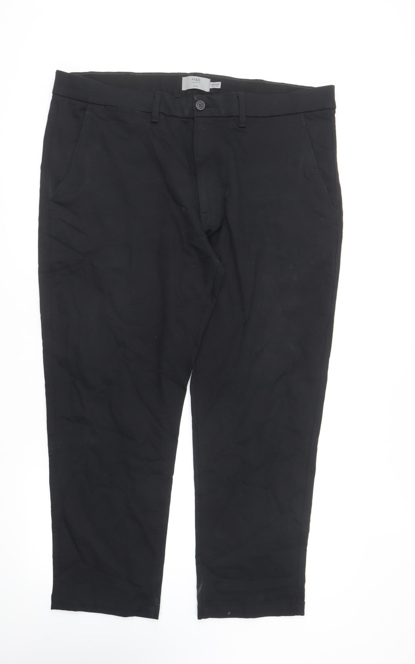 Marks and Spencer Mens Black Cotton Chino Trousers Size 40 in L29 in Regular Button