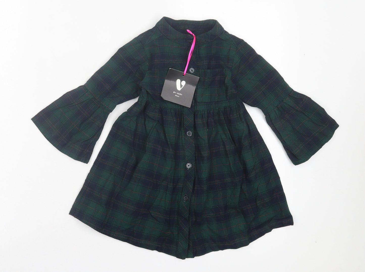 Very Girls Green Plaid Cotton A-Line Size 12-18 Months Round Neck Button - Pocket Detail