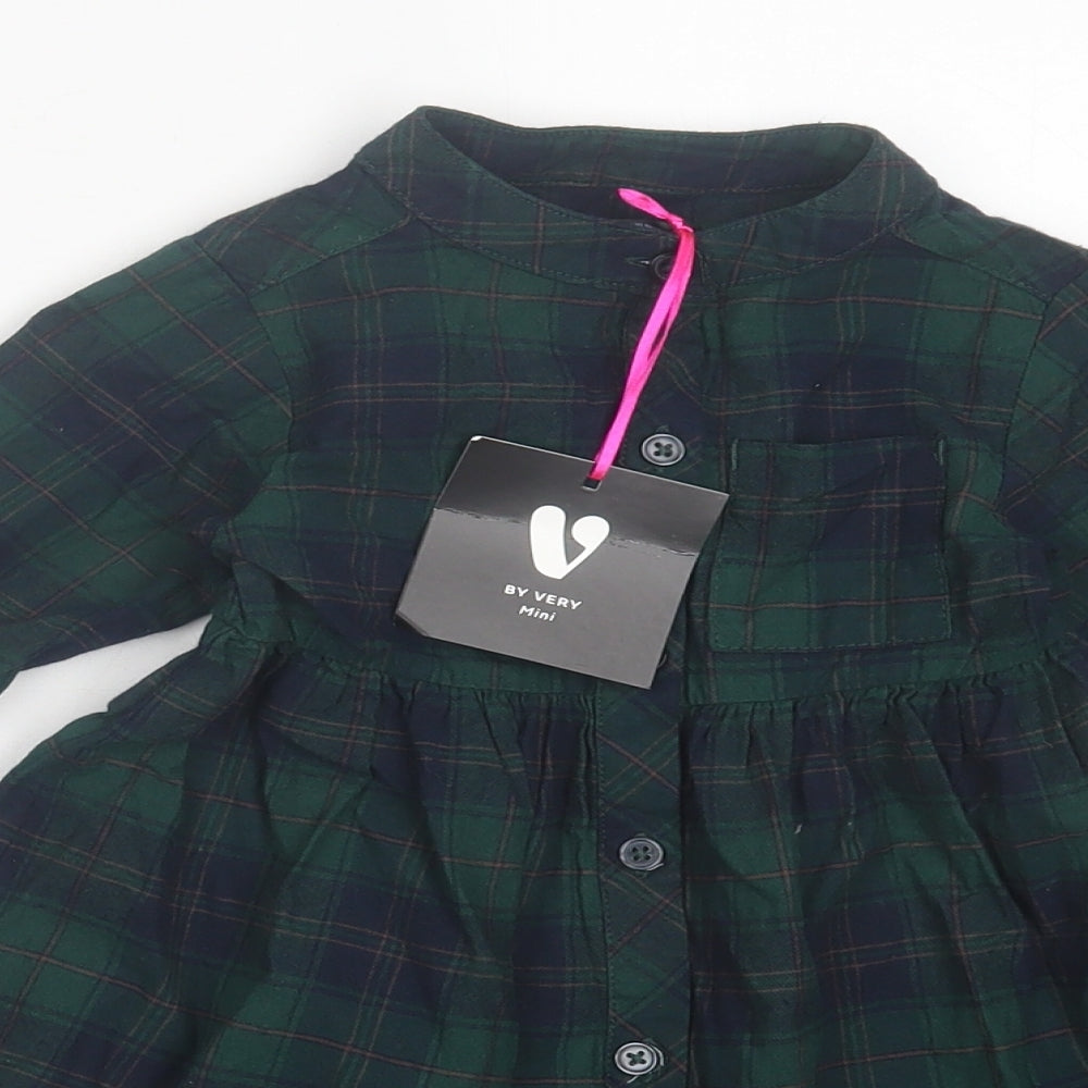 Very Girls Green Plaid Cotton A-Line Size 12-18 Months Round Neck Button - Pocket Detail