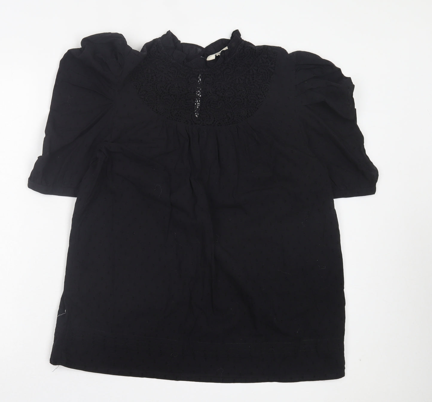 F&F Womens Black Polka Dot Cotton Basic Blouse Size 10 Collared - Broderie Anglaise Lettuce Hem Collar