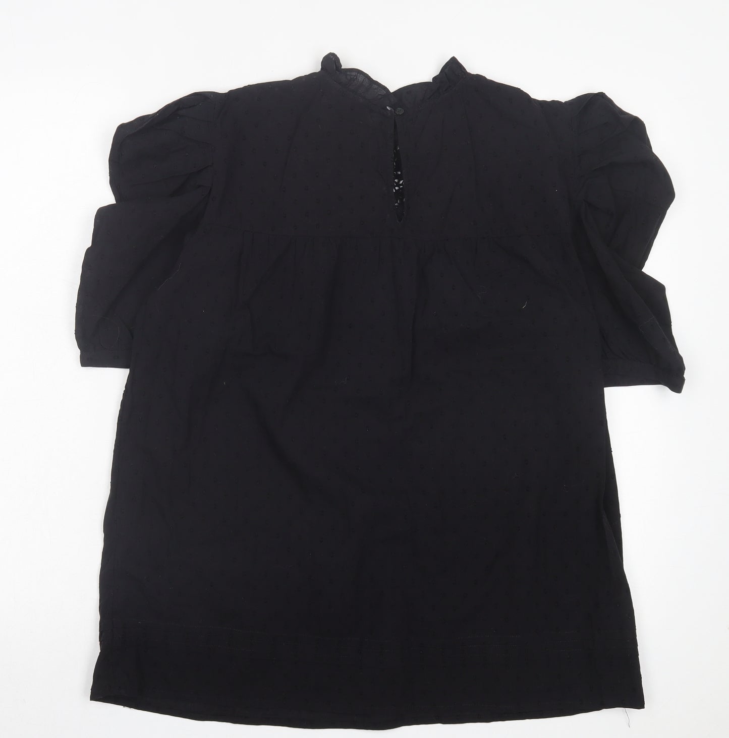 F&F Womens Black Polka Dot Cotton Basic Blouse Size 10 Collared - Broderie Anglaise Lettuce Hem Collar