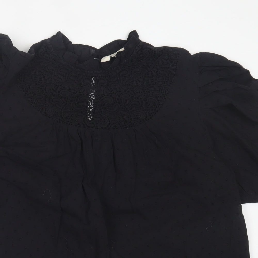 F&F Womens Black Polka Dot Cotton Basic Blouse Size 10 Collared - Broderie Anglaise Lettuce Hem Collar