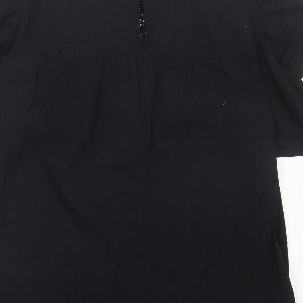 F&F Womens Black Polka Dot Cotton Basic Blouse Size 10 Collared - Broderie Anglaise Lettuce Hem Collar