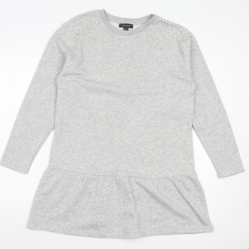 New Look Womens Grey Cotton Jumper Dress Size 12 Crew Neck Pullover