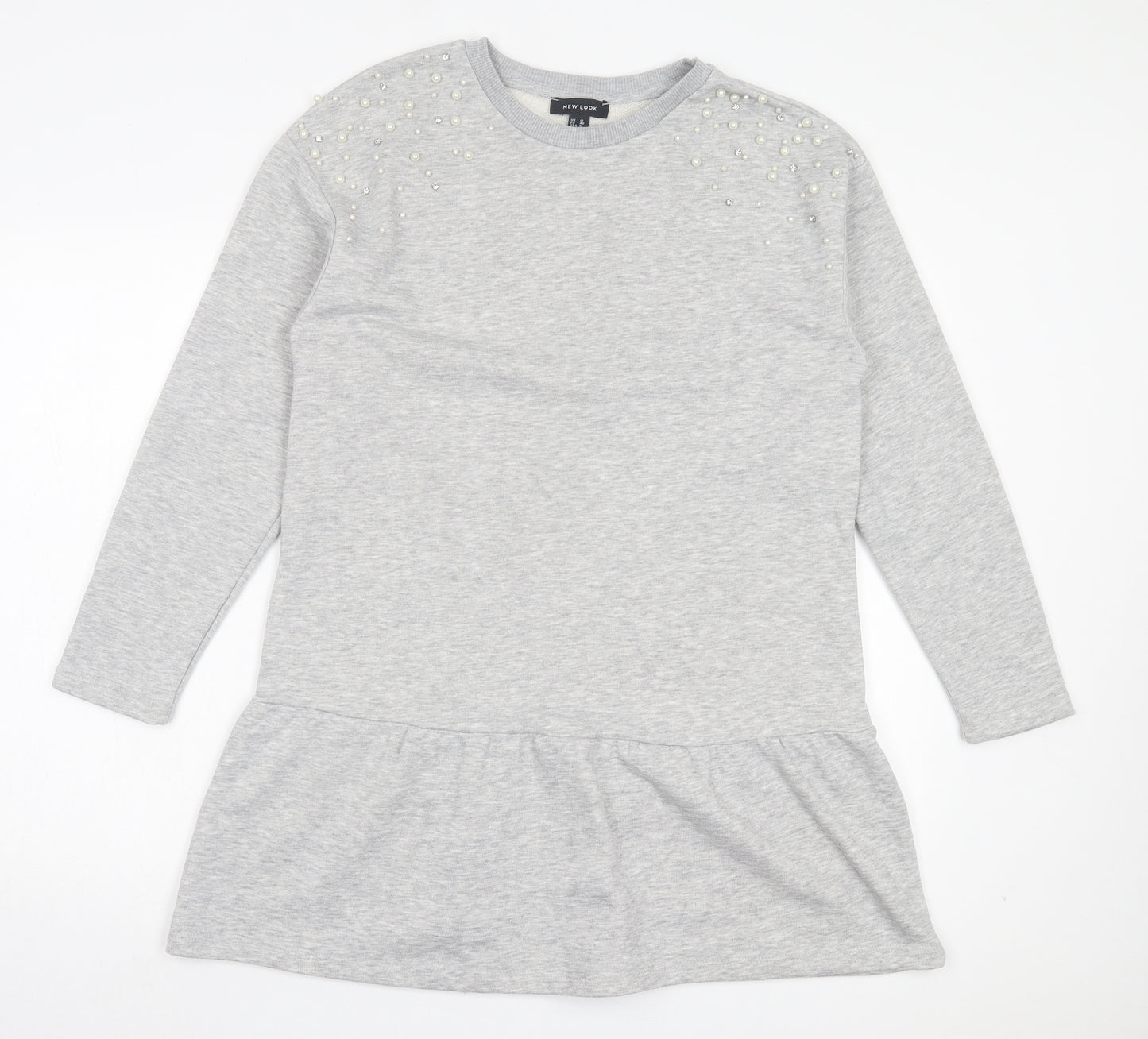New Look Womens Grey Cotton Jumper Dress Size 12 Crew Neck Pullover