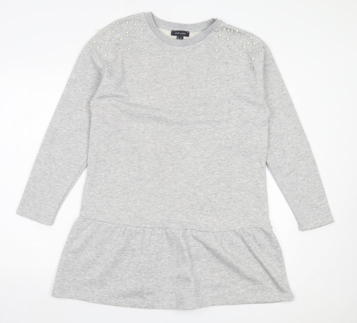 New Look Womens Grey Cotton Jumper Dress Size 12 Crew Neck Pullover