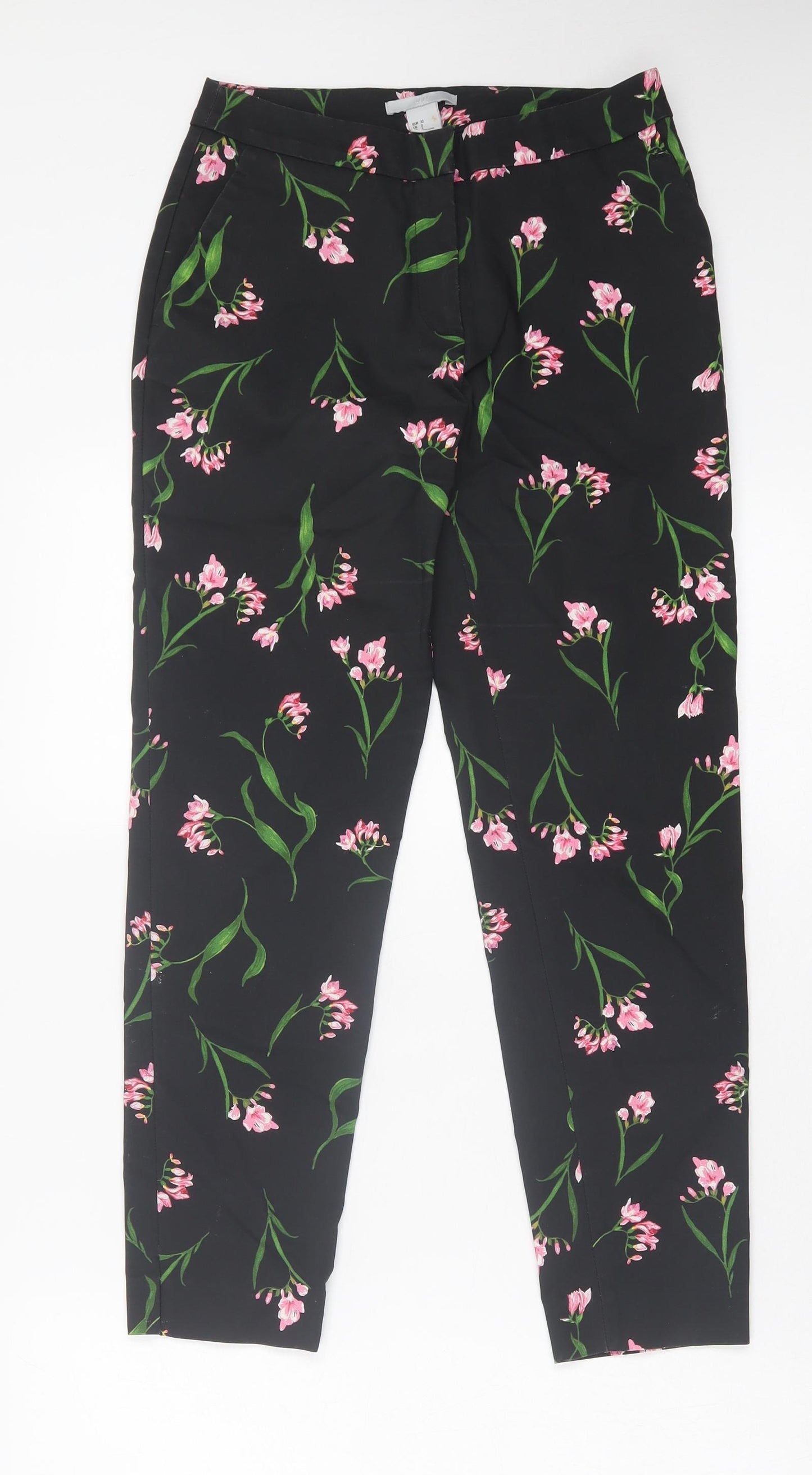 H&M Womens Black Floral Cotton Trousers Size 4 L25 in Regular Hook & Eye