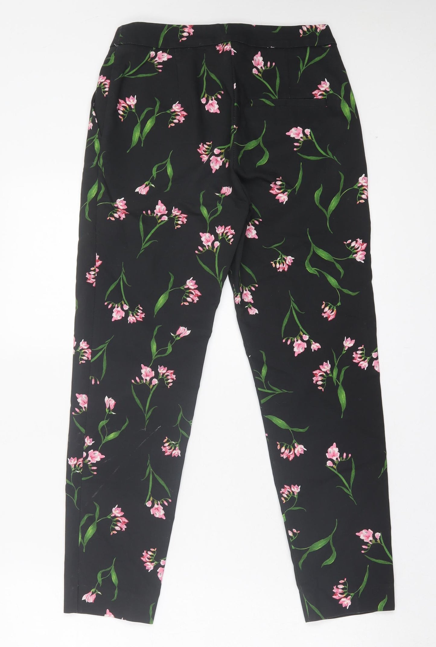H&M Womens Black Floral Cotton Trousers Size 4 L25 in Regular Hook & Eye