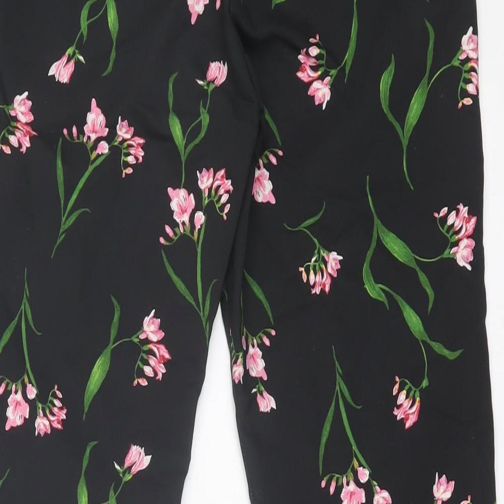 H&M Womens Black Floral Cotton Trousers Size 4 L25 in Regular Hook & Eye
