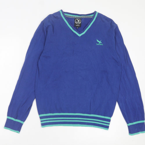 Benzini Mens Black V-Neck Striped Cotton Pullover Jumper Size M