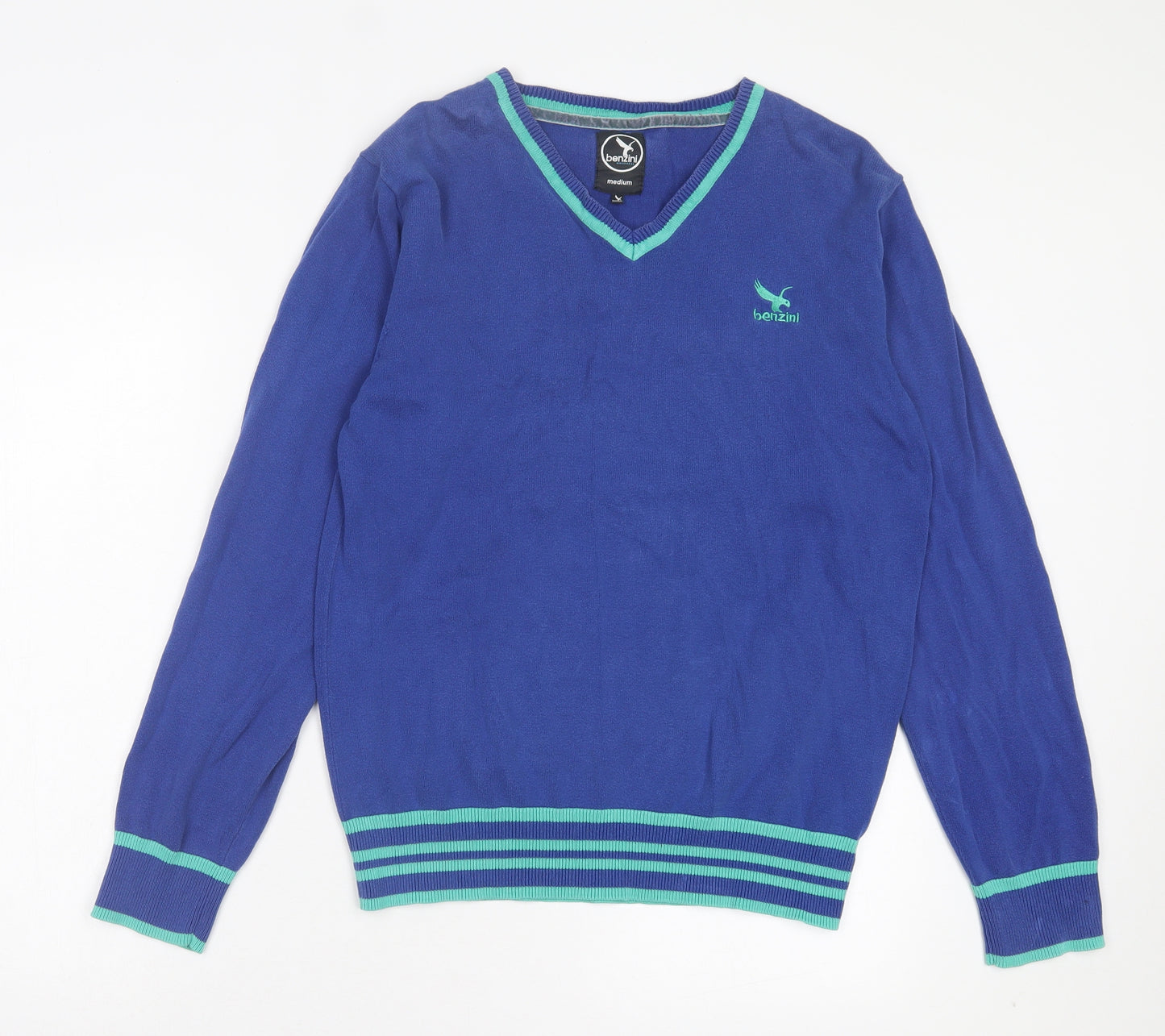 Benzini Mens Black V-Neck Striped Cotton Pullover Jumper Size M