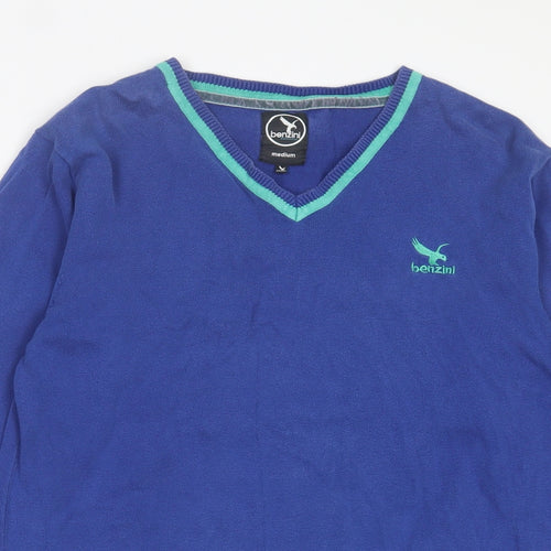 Benzini Mens Black V-Neck Striped Cotton Pullover Jumper Size M