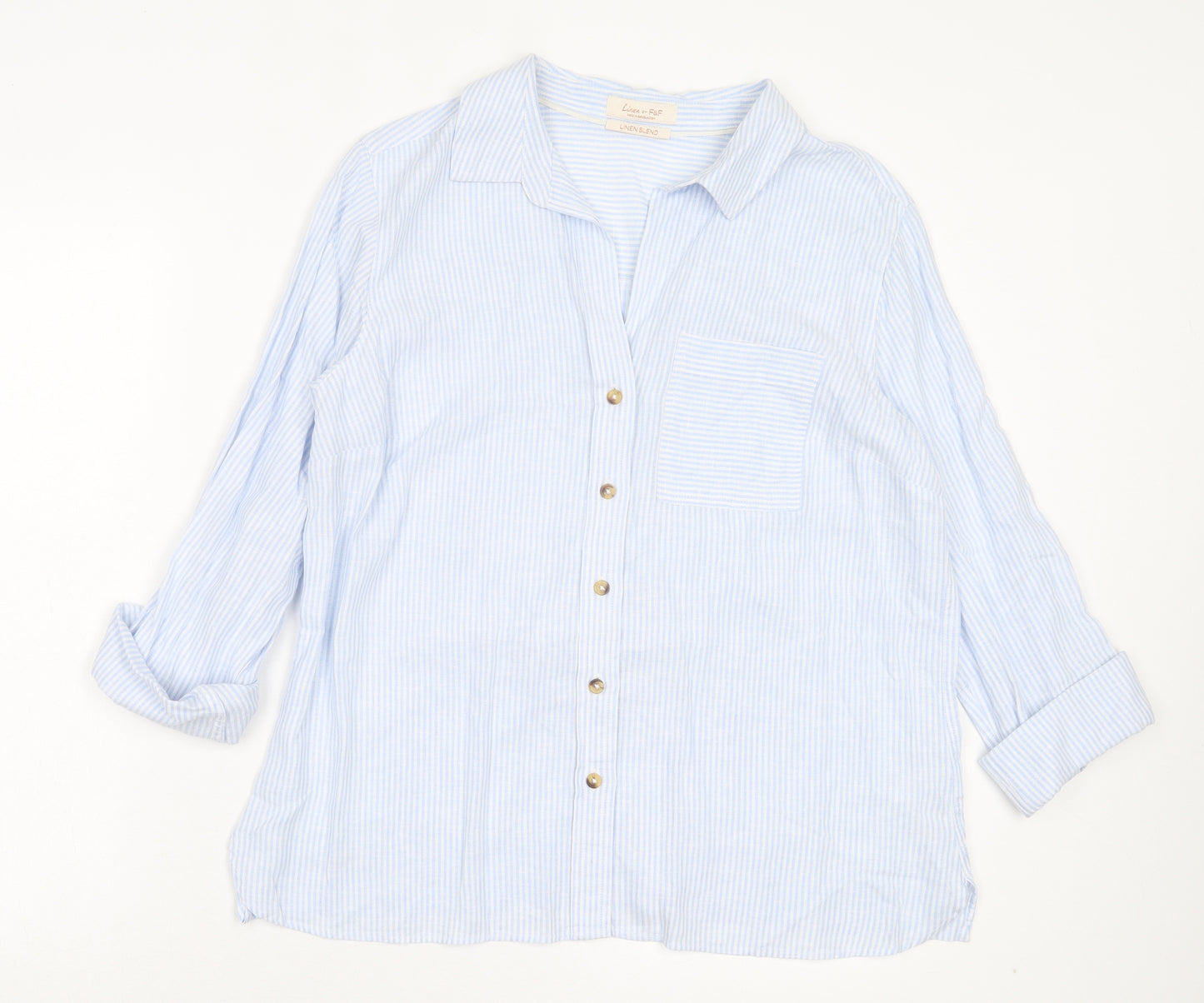 F&F Womens Blue Striped Linen Basic Button-Up Size 14 V-Neck