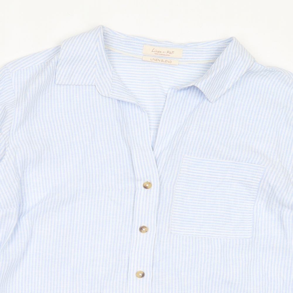 F&F Womens Blue Striped Linen Basic Button-Up Size 14 V-Neck