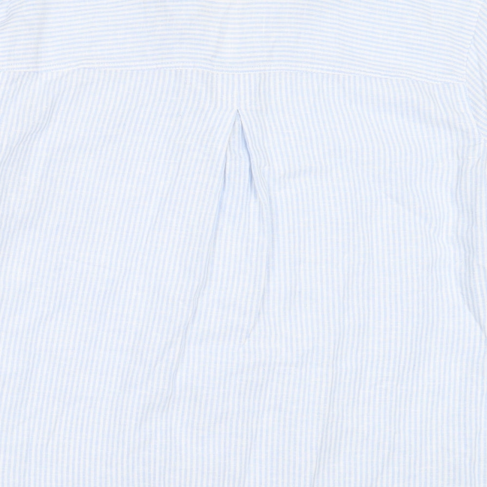 F&F Womens Blue Striped Linen Basic Button-Up Size 14 V-Neck