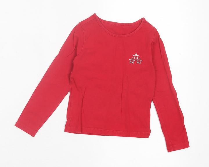 Dunnes Stores Girls Red Cotton Basic T-Shirt Size 3 Years Crew Neck Pullover - Stars