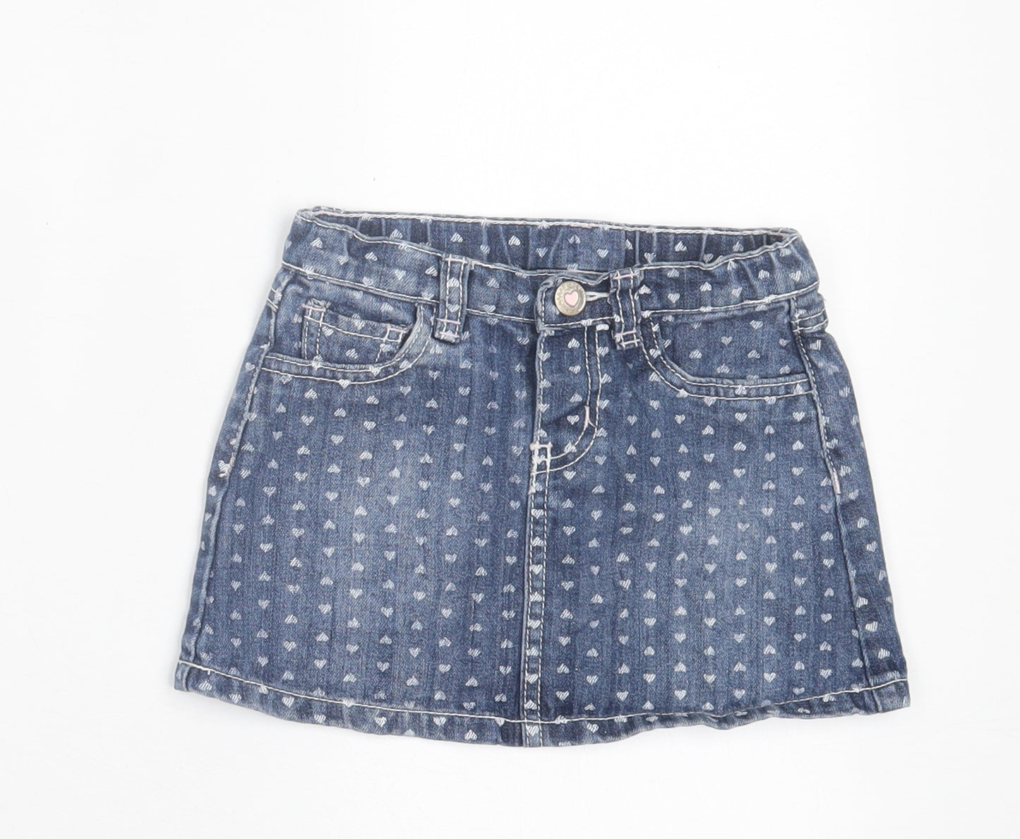 Mothercare Girls Blue Geometric Cotton A-Line Skirt Size 18-24 Months Button - Heart Print