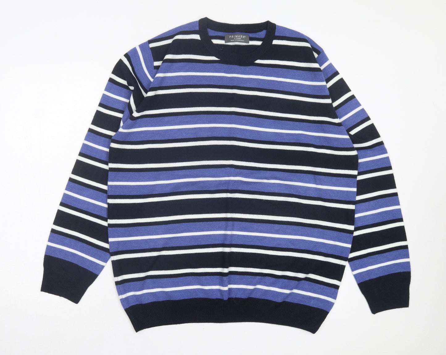 Primark Mens Blue Crew Neck Striped Acrylic Pullover Jumper Size XL