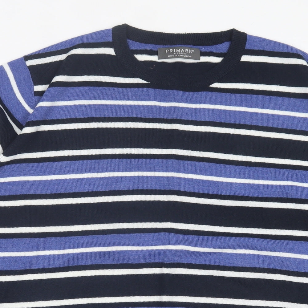 Primark Mens Blue Crew Neck Striped Acrylic Pullover Jumper Size XL