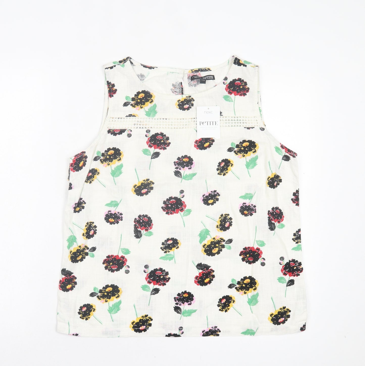 NEXT Womens White Floral Linen Basic Tank Size 14 Crew Neck