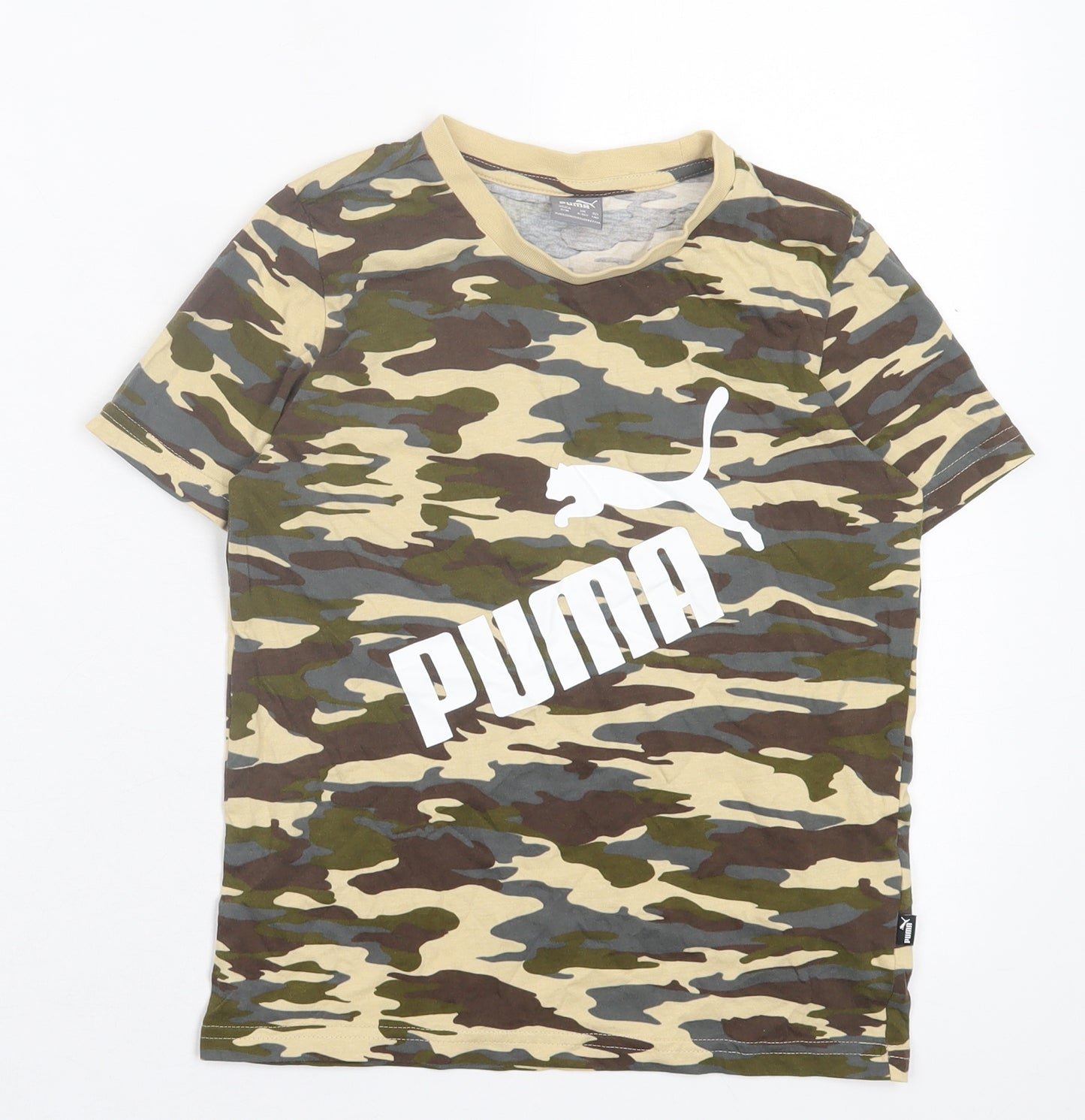 PUMA Boys Green Camouflage Cotton Basic T-Shirt Size 9-10 Years Crew Neck Pullover