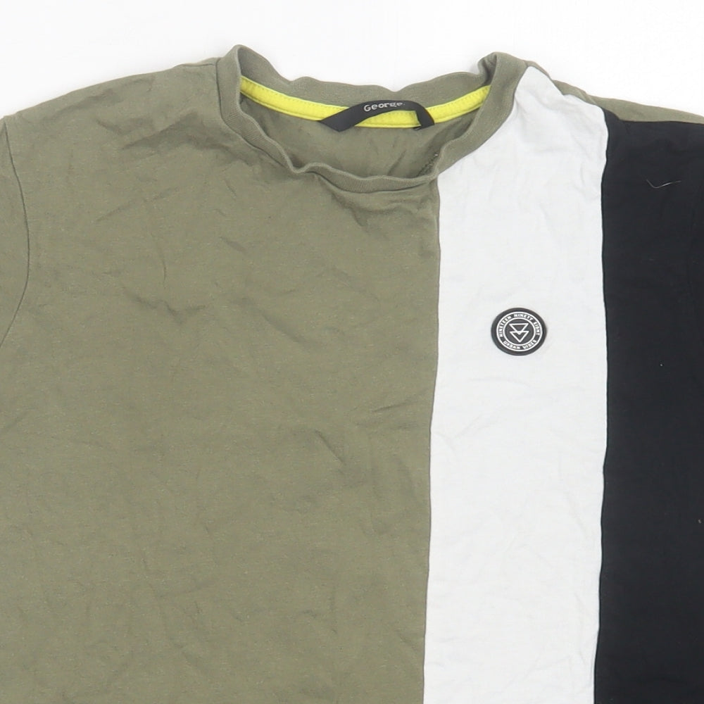 George Boys Green Colourblock Cotton Basic T-Shirt Size 9-10 Years Crew Neck Pullover