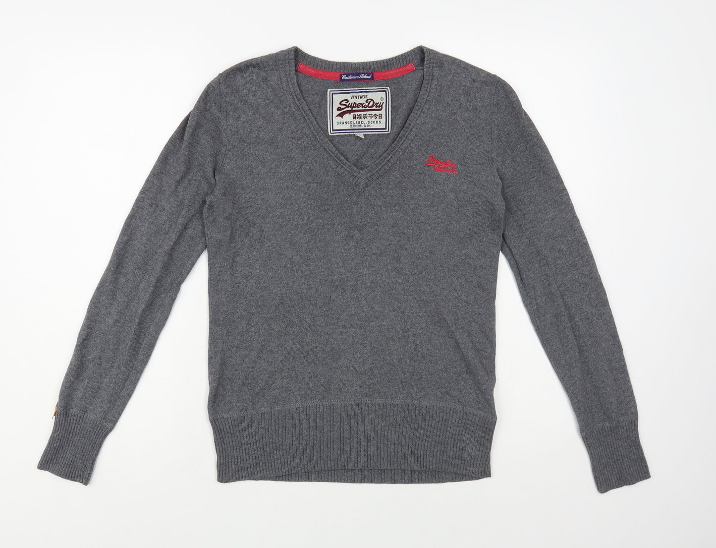 Superdry Womens Grey V-Neck Cotton Pullover Jumper Size S