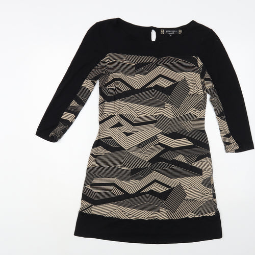 Principles Womens Black Geometric Viscose A-Line Size 12 Boat Neck Button