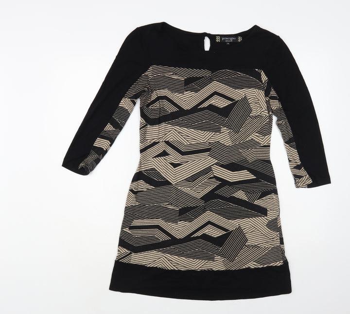 Principles Womens Black Geometric Viscose A-Line Size 12 Boat Neck Button