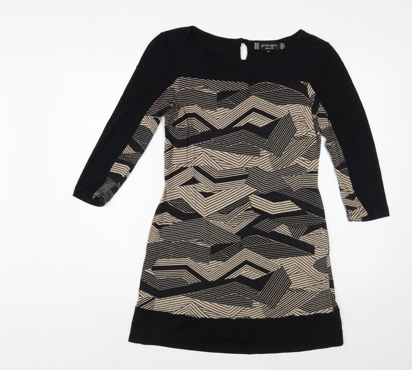 Principles Womens Black Geometric Viscose A-Line Size 12 Boat Neck Button