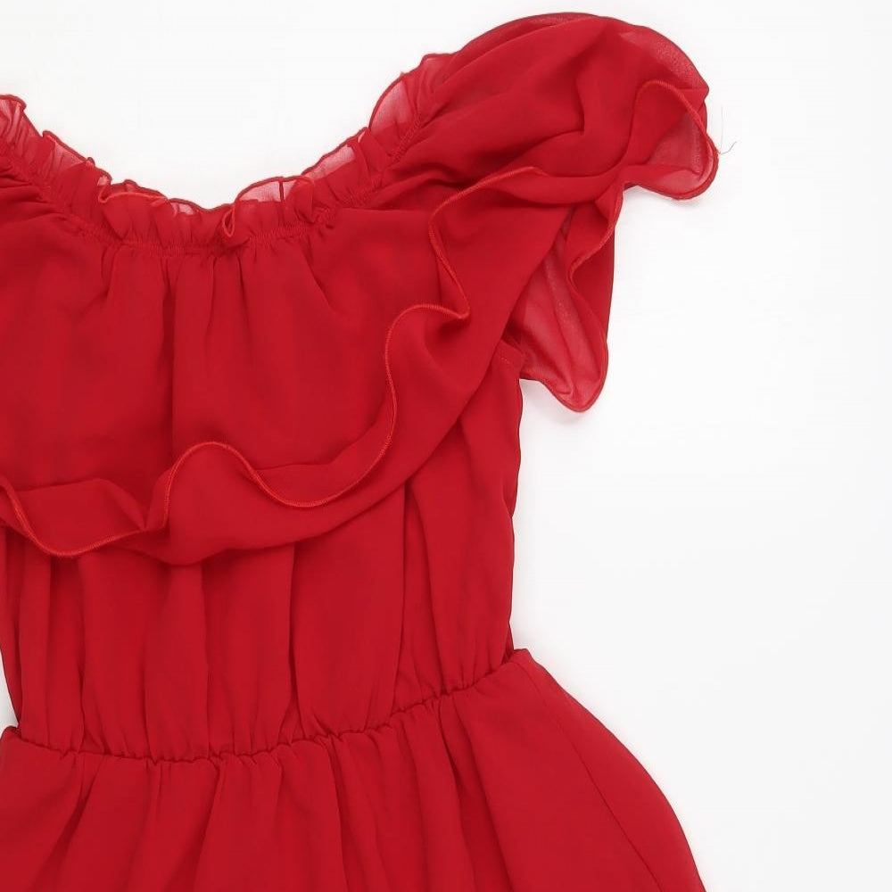 PRETTYLITTLETHING Womens Red Polyester Fit & Flare Size 8 Off the Shoulder Pullover