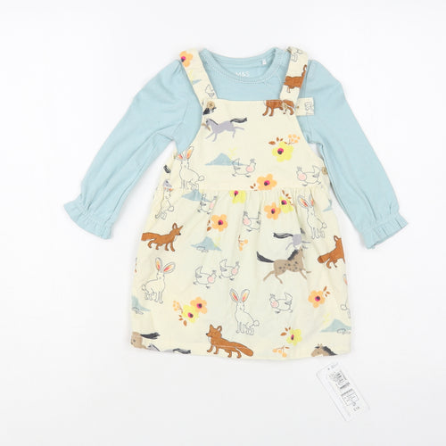 Marks and Spencer Baby Ivory Geometric Cotton Dress Set Outfit/Set Size 12-18 Months Button - Cute Animals Print