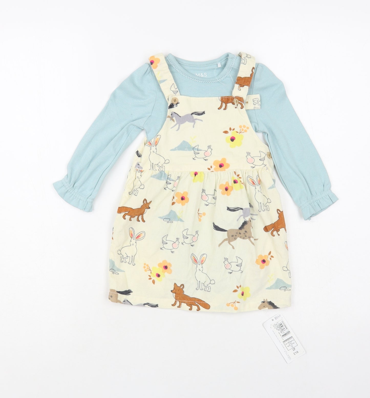 Marks and Spencer Baby Ivory Geometric Cotton Dress Set Outfit/Set Size 12-18 Months Button - Cute Animals Print
