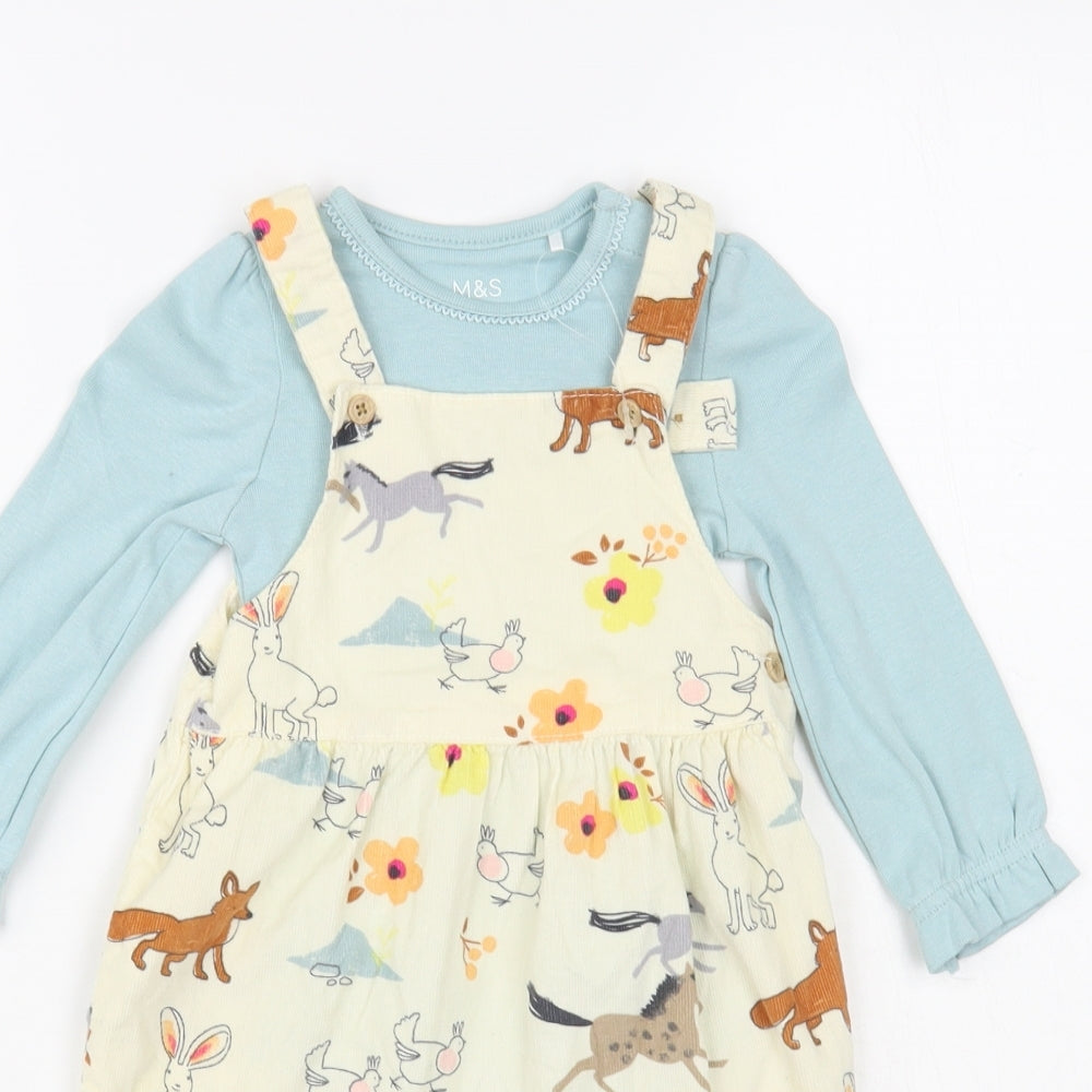 Marks and Spencer Baby Ivory Geometric Cotton Dress Set Outfit/Set Size 12-18 Months Button - Cute Animals Print