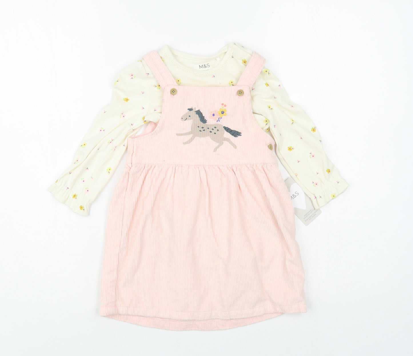 Marks and Spencer Baby Pink Floral Cotton Dress Set Outfit/Set Size 18-24 Months Button - Horse