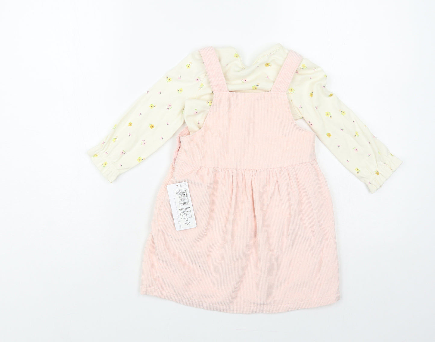 Marks and Spencer Baby Pink Floral Cotton Dress Set Outfit/Set Size 18-24 Months Button - Horse