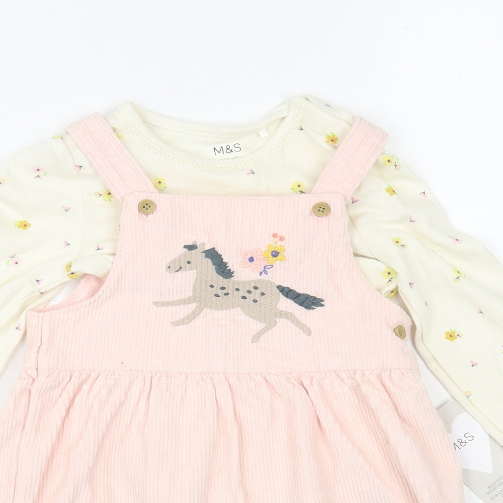 Marks and Spencer Baby Pink Floral Cotton Dress Set Outfit/Set Size 18-24 Months Button - Horse