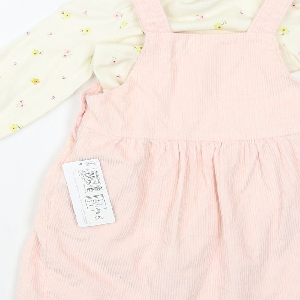 Marks and Spencer Baby Pink Floral Cotton Dress Set Outfit/Set Size 18-24 Months Button - Horse