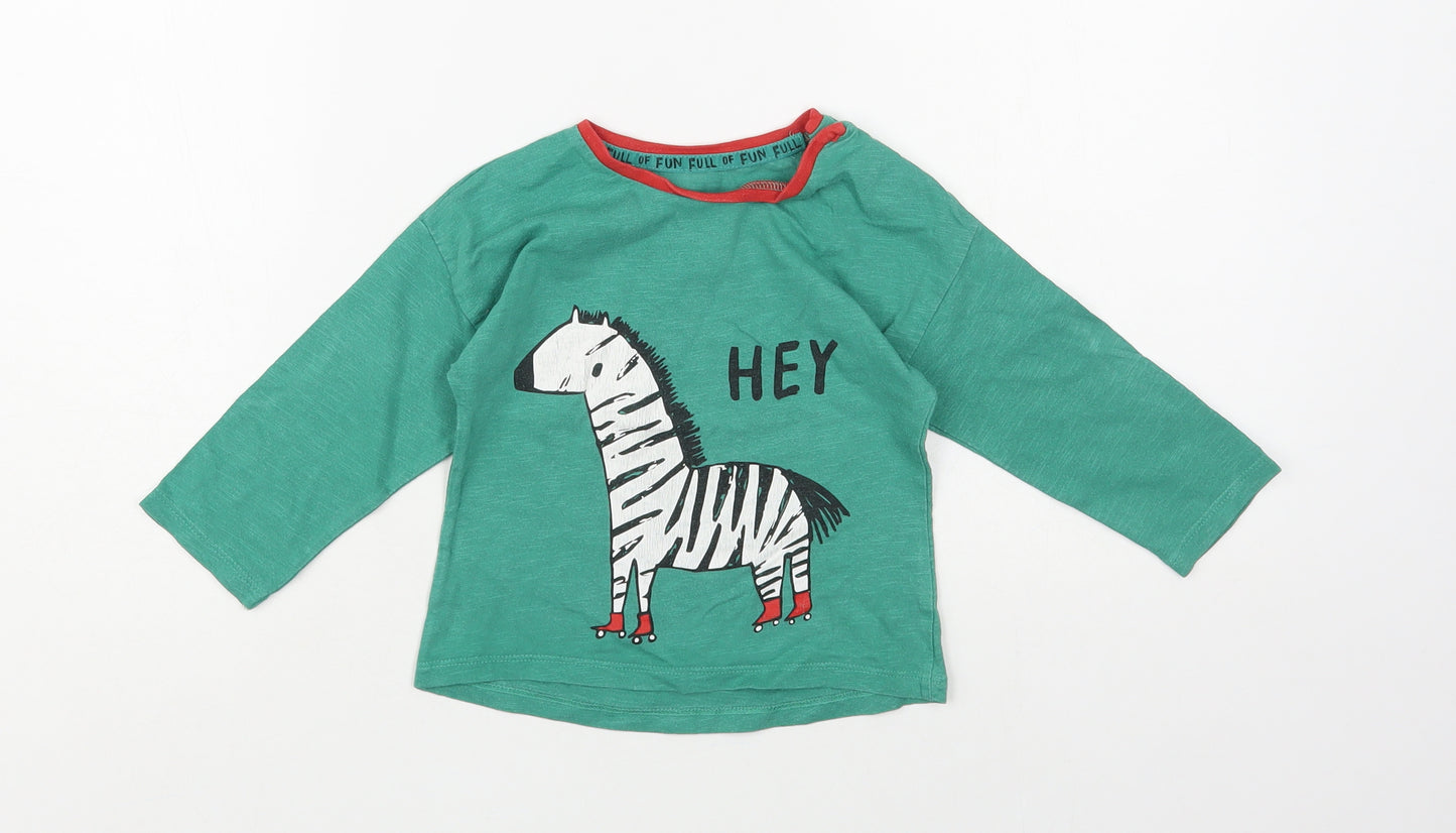 Mini Club Baby Green Cotton Pullover T-Shirt Size 12-18 Months Crew Neck Snap - Zebra
