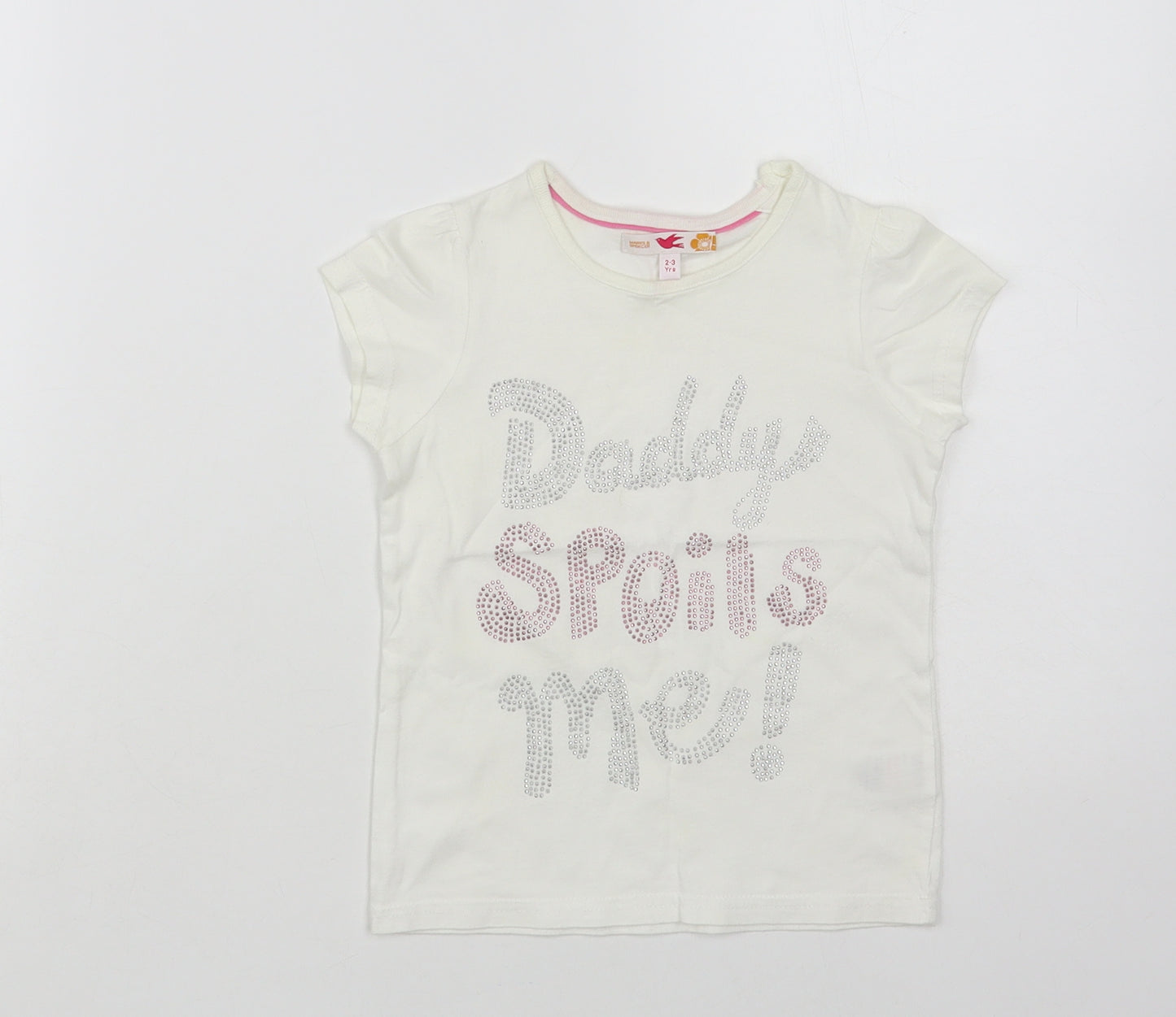 Marks and Spencer Girls White Cotton Pullover T-Shirt Size 2-3 Years Crew Neck Snap - Daddy Spoils Me