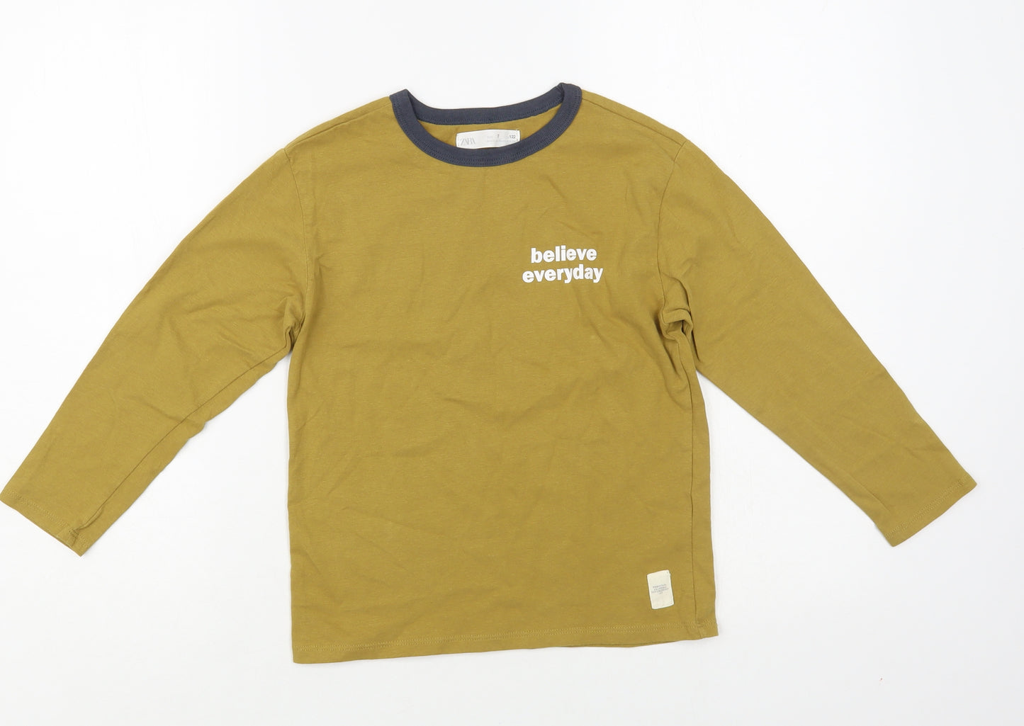Zara Boys Beige Cotton Pullover T-Shirt Size 7 Years Crew Neck Pullover - Believe Everyday