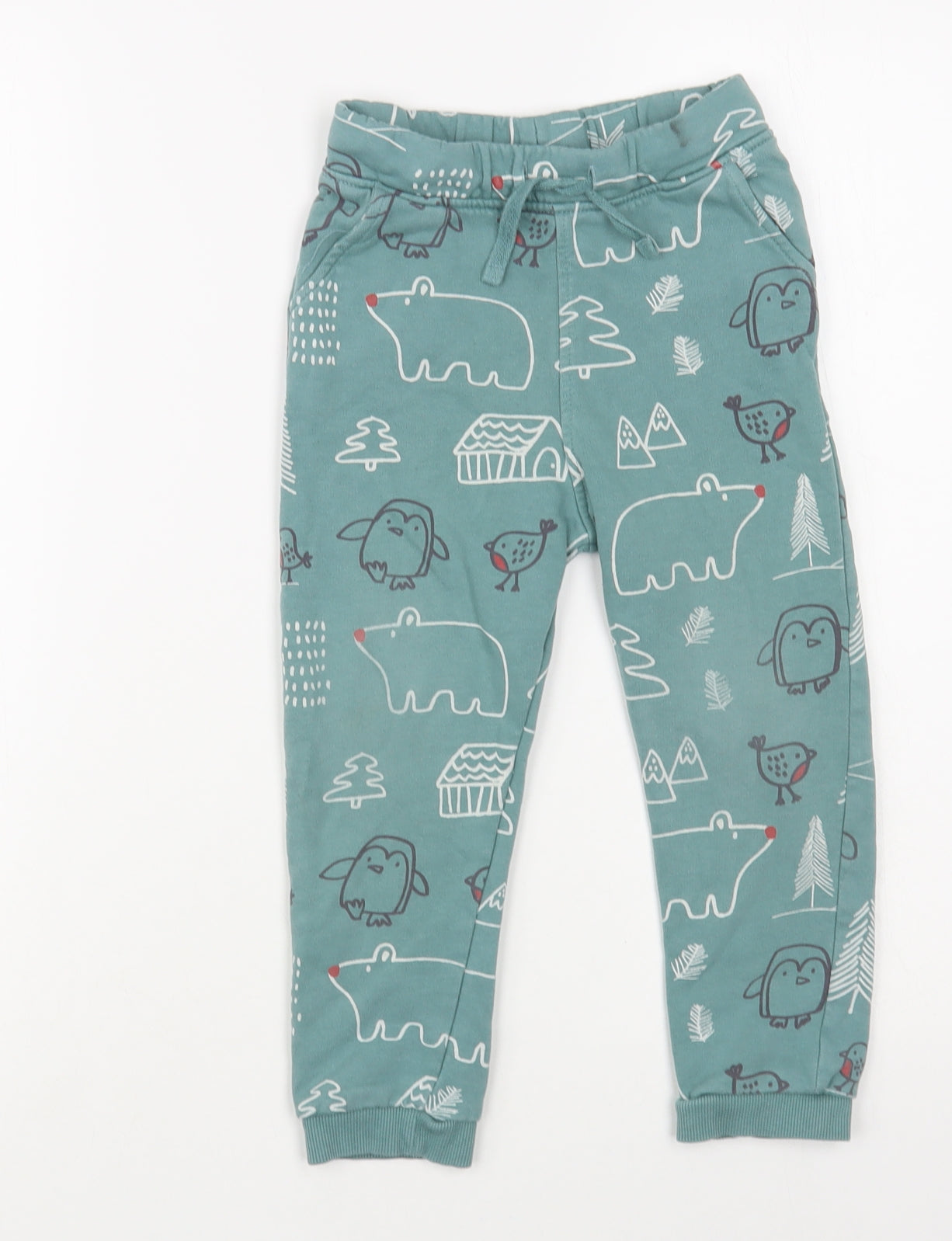 Marks and Spencer Girls Green Geometric Cotton Jogger Trousers Size 2-3 Years Regular Drawstring - Cute Animals Print