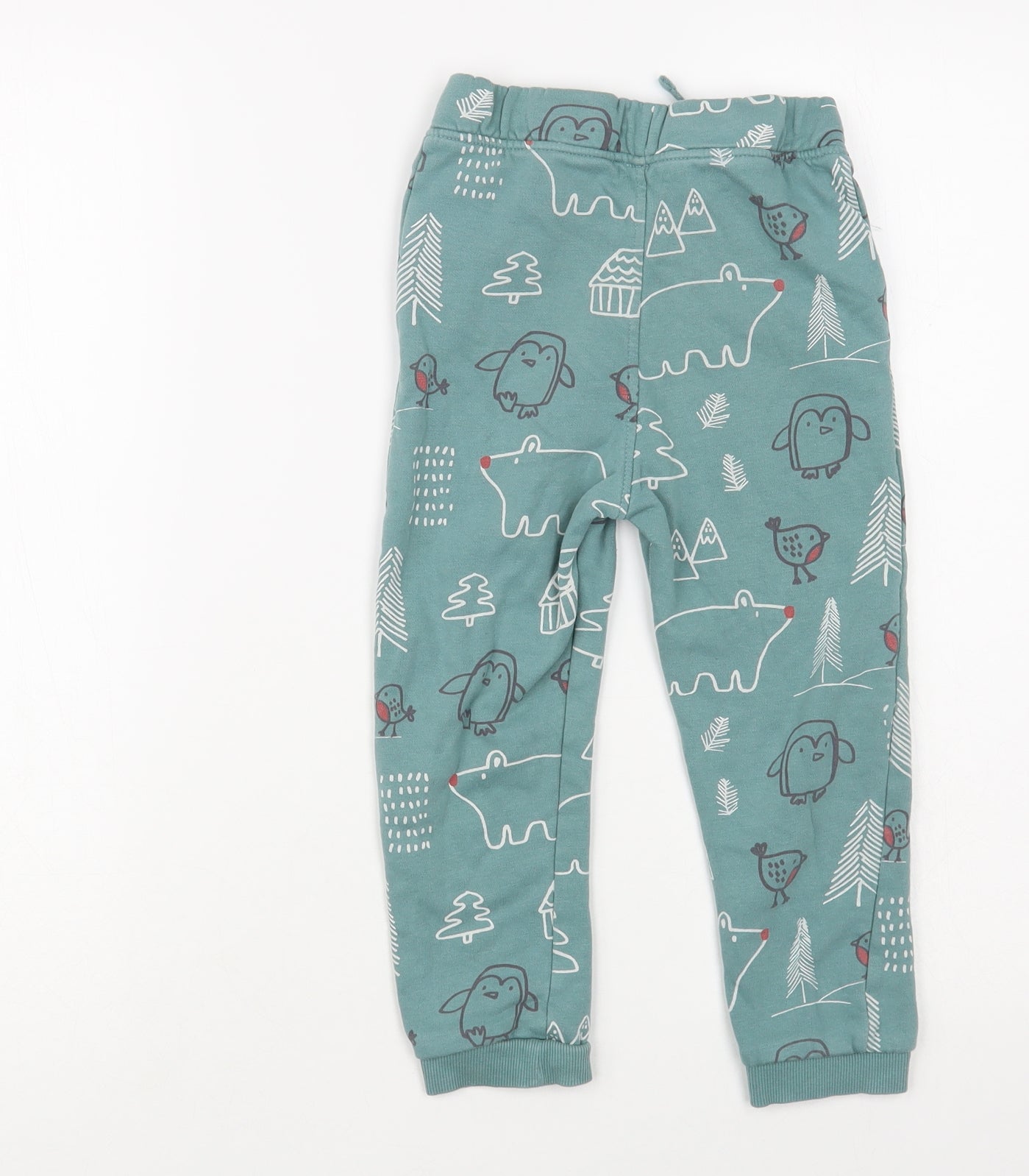 Marks and Spencer Girls Green Geometric Cotton Jogger Trousers Size 2-3 Years Regular Drawstring - Cute Animals Print